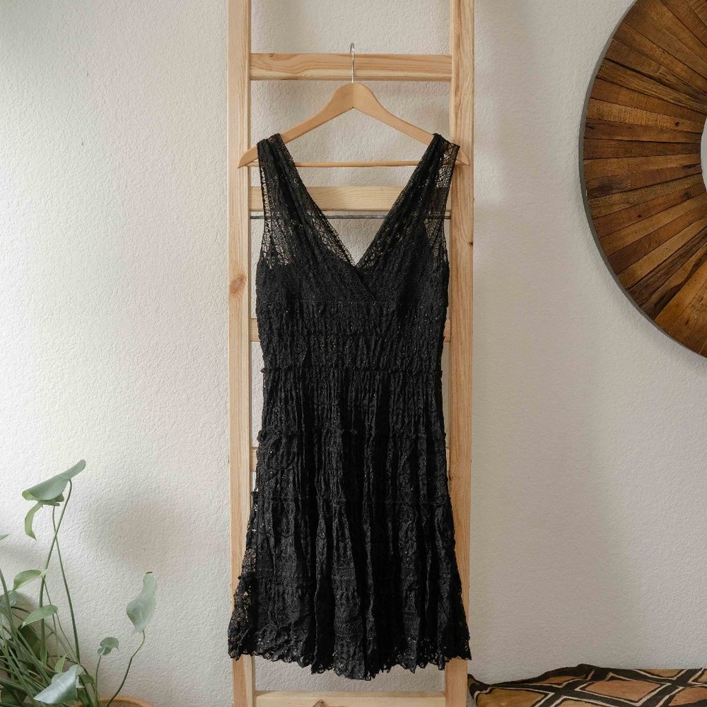 20s Black Beaded Dark Boho Dress - Max Studio